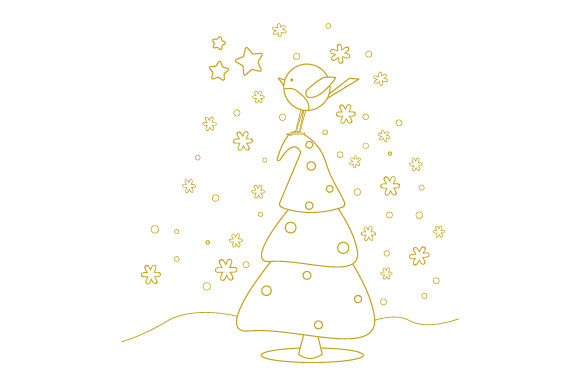 Robin on Christmas Tree Line Art for Crafts